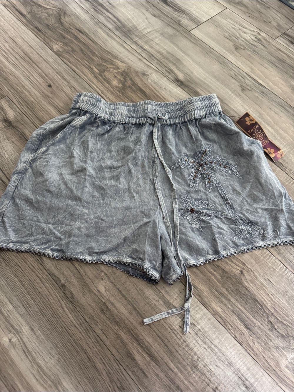 raya sun Washed Gray Drawstring Athletic Shorts with Palm Embroidery S NWT